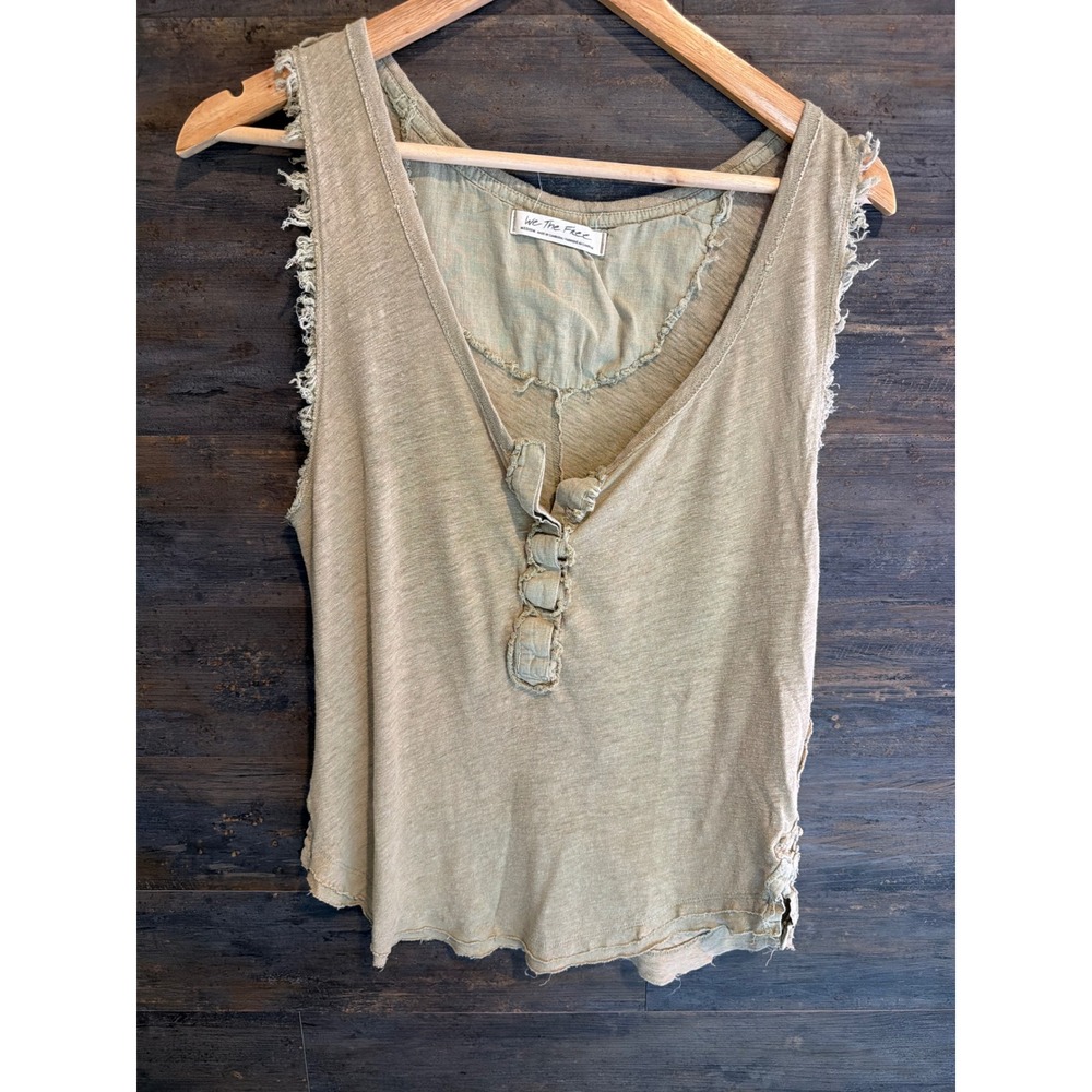We The Free Free People Henley Tank Top Sage Green Linen Blend Frayed Medium